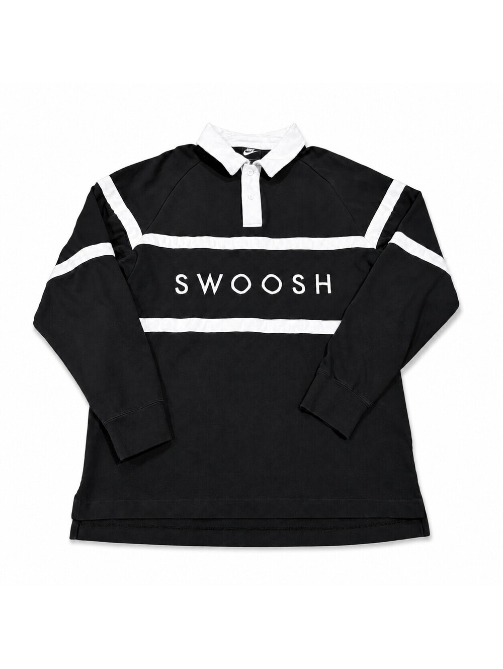 Nike Swoosh Rugby Polo Shirt Men’s Large Black Cream Long Sleeve Spellout